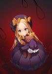  abigail_williams_(fate/grand_order) bangs black_bow black_dress black_hat blonde_hair blue_eyes blush bow bug butterfly closed_mouth commentary_request dress fate/grand_order fate_(series) forehead hair_bow hat insect long_hair long_sleeves looking_at_viewer noose object_hug orange_bow parted_bangs polka_dot polka_dot_bow red_background sleeves_past_wrists smile_(mm-l) solo stuffed_animal stuffed_toy teddy_bear very_long_hair 