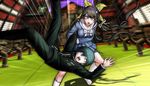  1girl ahoge aikidou black_hair chabashira_tenko danganronpa dojo eyelashes gakuran game_cg hair_ornament hair_ribbon holding kneehighs layered_skirt long_hair miniskirt new_danganronpa_v3 official_art open_mouth pinstripe_pattern pleated_skirt ribbon saihara_shuuichi school_uniform serafuku shadow shimadoriru skirt striped surprised sweatdrop throwing twintails white_legwear wooden_figure yellow_eyes 