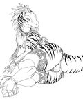  black_and_white choker clothing corset dinosaur feathers female feral hi_res legwear lingerie longinius looking_at_viewer lying monochrome panties sabryne simple_background solo stockings theropod tongue tongue_out underwear utahraptor white_background 