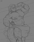  anthro barely_contained big_bulge big_penis bulge clothing collar cum dragon flexing greyscale hair horn humanoid_penis male monochrome muscular muscular_male nipples penis smile solo spiritraptor standing underwear vein 