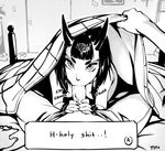  :&gt;= commentary fake_screenshot fate/grand_order fate_(series) fellatio forehead_jewel greyscale halftone hetero highres looking_at_viewer monochrome oni oni_horns oral penis pov pov_crotch profanity saliva short_eyebrows shuten_douji_(fate/grand_order) solo_focus surprised typo_(requiemdusk) uncensored under_covers visual_novel 