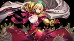  black_background blonde_hair breasts cape cleavage_cutout dress eyebrows_visible_through_hair fate/extra fate_(series) flower frilled_skirt frills gauntlets green_eyes head_wreath highres holding holding_flower large_breasts looking_at_viewer nero_claudius_(fate) nero_claudius_(fate)_(all) parted_lips red_dress rose shirt simple_background skirt smile solo standing tenobe white_cape white_shirt wreath 