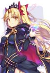  bangs black_cape black_dress blonde_hair blush bow breasts cape closed_mouth commentary_request crystal dress ereshkigal_(fate/grand_order) eyebrows_visible_through_hair fate/grand_order fate_(series) fur-trimmed_cape fur_trim grey_background hair_bow hand_up hong_(white_spider) large_breasts long_hair long_sleeves looking_at_viewer purple_bow saint_quartz skull smile solo tiara twintails two-tone_background very_long_hair white_background 