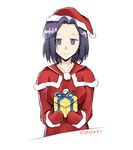  absurdres artist_name blush box capelet commentary fonzaku gift gift_box hat highres holding holding_gift mittens mole mole_under_mouth morioka_moriko netojuu_no_susume purple_eyes purple_hair santa_costume santa_hat signature smile solo 