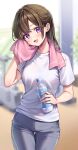  1girl alternate_costume amagi_shino artist_name blurry blurry_background blush bottle breasts brown_hair commentary_request cowboy_shot grey_pants gym_pants gym_shirt highres holding holding_bottle long_hair looking_at_viewer medium_breasts open_mouth original pants parted_bangs plastic_bottle purple_eyes receptionist_girl_(amagi_shino) shirt short_sleeves signature smile solo thigh_gap water_bottle white_shirt wiping_sweat 