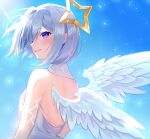  1girl absurdres amane_kanata angel_wings asymmetrical_bangs asymmetrical_hair backless_dress backless_outfit bare_shoulders blue_hair blue_sky blush bob_cut colored_inner_hair dress feathered_wings from_side grey_hair hair_over_one_eye halo highres hololive looking_at_viewer median_furrow multicolored_hair parted_lips pink_hair purple_eyes short_hair single_hair_intake sky sleeveless sleeveless_dress smile solo star_halo streaked_hair three_quarter_view uekana9 upper_body virtual_youtuber white_dress white_wings wings 