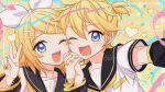  1boy 1girl absurdres bare_shoulders black_sailor_collar blonde_hair blue_eyes border bow fang hair_bow hair_ornament hairclip happy heart highres holding_hands kagamine_len kagamine_rin looking_at_viewer necktie one_eye_closed open_mouth sailor_collar senotarou short_hair short_ponytail siblings signature twins v vocaloid white_border white_bow yellow_background yellow_nails yellow_necktie 