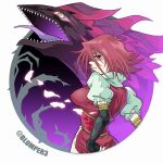  black_gloves black_rose_dragon blumper3 dress elbow_gloves gloves hair_down highres izayoi_aki looking_back puffy_sleeves red_dress red_hair staring yu-gi-oh! yu-gi-oh!_5d&#039;s 