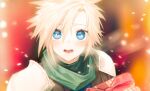  1boy armor blonde_hair blue_eyes blurry blurry_background blush box breath christmas christmas_present cloud_strife commentary_request crisis_core_final_fantasy_vii enshou_(namarien) final_fantasy final_fantasy_vii gift gift_box green_scarf hair_between_eyes looking_at_viewer male_focus open_mouth scarf shinra_infantry_uniform short_hair shoulder_armor snowing solo spiked_hair upper_body 