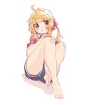  1girl aoi_tori bare_legs bare_shoulders barefoot black_shorts blonde_hair blush colored_shadow crossed_legs hair_bobbles hair_ornament highres long_hair looking_at_viewer off-shoulder_shirt off_shoulder original parted_lips pink_shirt red_eyes shadow shirt short_shorts shorts side_ponytail simple_background sitting solo white_background 