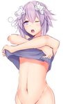  blush bottomless commentary_request d-pad d-pad_hair_ornament daiaru hair_ornament hairclip navel neptune_(choujigen_game_neptune) neptune_(series) one_eye_closed open_mouth out-of-frame_censoring purple_eyes purple_hair purple_shirt shirt short_hair solo undressing 