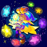  1boy arched_back blue_cape blue_headwear brown_footwear cape closed_eyes closed_mouth denkikurage1105 doll_joints geno_(mario) hat highres joints mario_(series) orange_hair pointy_hat puppet shoes smile sparkle star_(symbol) super_mario_rpg two-tone_cape yellow_cape 