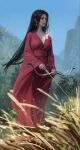  1girl arrow_(projectile) black_hair blue_sky bow_(weapon) breasts chinese_clothes cleavage collarbone dress earrings glowing glowing_earrings grass highres jewelry large_breasts long_hair original parted_lips pink_dress realistic sky solo weapon wide_sleeves ydiya 