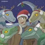 blep blue_(jurassic_world) blue_body charlie_(jurassic_world) christmas christmas_clothing christmas_headwear clothing delta_(jurassic_world) dinosaur dromaeosaurid earmuffs echo_(jurassic_world) female feral green_body group hat headgear headwear hi_res holidays human jurassic_park jurassic_world licking male mammal mistletoe night one_eye_closed orange_eyes plant reptile romantic santa_hat scalie scarf smile snow snowing strohdelfin theropod tongue tongue_out universal_studios velociraptor yellow_body