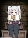 biped book clothed clothing dankodeadzone elf eyelashes female frieren frieren_beyond_journey&#039;s_end hair hi_res humanoid humanoid_pointy_ears pupils reading sitting thick_thighs