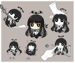  1girl 1other ? absurdly_long_hair antenna_hair arknights arm_rest arm_support arrow_(symbol) ascot black_halo black_wings blunt_bangs blush boots border bound broken_halo bustier chain chain_leash cheek_poking chibi chinese_commentary closed_eyes closed_mouth collar colored_inner_hair commentary_request dark_halo detached_wings disembodied_limb drop_shadow energy_wings floating from_above from_side full_body gloves grey_background greyscale halo hand_on_another&#039;s_head hands_on_own_legs hands_on_own_stomach headpat highres hime_cut invisible_floor jacket layered_sleeves leash long_hair long_sleeves looking_afar looking_ahead looking_at_another looking_at_viewer looking_to_the_side looking_up lying miniskirt mole mole_under_eye monochrome mothkoisi motion_lines multicolored_hair multiple_views no_sclera on_back outstretched_arms outstretched_legs pleated_skirt poking restrained shadow shirt short_over_long_sleeves short_sleeved_jacket short_sleeves sidelocks simple_background sitting skirt sleeping smile smoke solo_focus speech_bubble spoken_question_mark spot_color spread_legs standing straight_hair strap toes_up two-tone_hair very_long_hair virtuosa_(arknights) white_border wide_sleeves wing_collar wings yellow_pupils zzz 