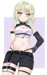  1girl :3 absurdres arm_belt asa_(azainagamasa) bandeau belt black_belt black_gloves black_panties black_shorts blush breasts closed_mouth commentary_request cowboy_shot elbow_gloves gloves green_eyes green_hair hair_intakes highleg highleg_panties highres hinokuma_ran looking_at_viewer medium_bangs midriff multicolored_hair nanashi_inc. navel open_fly panties pink_hair purple_background short_hair_with_long_locks shorts sidelocks single_elbow_glove small_breasts smile solo streaked_hair thigh_belt thigh_strap two-tone_background underwear virtual_youtuber white_background white_bandeau 