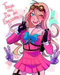  1girl ahoge barbed_wire blonde_hair blue_eyes bow breasts choker cleavage danganronpa fingerless_gloves gloves goggles goggles_on_head heart huyandere iruma_miu long_hair new_danganronpa_v3 open_mouth pink_shirt school_uniform serafuku shirt skirt solo uniform wink 