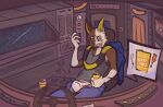 annoyed annoyed_expression anthro aroused beverage beverage_can clothed clothing embarrassed erection erection_under_clothing fan_character hybrid male mikifluffs piercing solo space spacecraft spaceship_interior vehicle