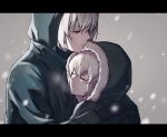  1boy 1girl black_gloves breath brother_and_sister chinese_commentary closed_eyes coat commentary film_grain fur-trimmed_hood fur_trim gloves green_coat green_eyes half-closed_eyes highres hood hood_up hooded_coat hug ikooto111 letterboxed nier nier_(series) nier_(young) parted_lips sad scene_reference siblings sleeping snowing white_hair yonah 
