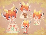  animal_ears bag blue_eyes closed_eyes commentary_request deer deer_ears deer_tail doubutsu_no_mori flower heart horns m/g open_mouth orange_hair paper_bag personification peter_(doubutsu_no_mori) smile sweater tail 