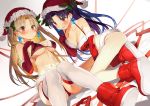  2girls arm_support armpit_crease ass bangs bare_shoulders bikini black_hair black_ribbon blonde_hair blush boots breasts christmas cleavage closed_mouth collarbone commentary_request earrings elbow_gloves embarrassed ereshkigal_(fate/grand_order) fate/grand_order fate_(series) frown fur_trim furrowed_eyebrows gloves glowing green_ribbon hair_ribbon hand_up hat ishtar_(fate/grand_order) jewelry large_breasts long_legs looking_at_viewer matsui_hiroaki medium_breasts multiple_girls navel one_side_up parted_bangs parted_lips red_bikini red_eyes red_gloves red_hat ribbon santa_boots santa_costume santa_hat sitting stomach swimsuit thighhighs thighs two_side_up v-shaped_eyebrows white_legwear 