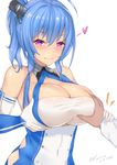  1girl ahoge azur_lane bangs bare_shoulders blue_hair blush breast_grab breasts cleavage cleavage_cutout closed_mouth commander_(azur_lane) covered_navel dated elbow_gloves eyebrows_visible_through_hair gloves grabbing groping guided_breast_grab hair_between_eyes headgear heart heart-shaped_pupils hetero kuavera large_breasts long_sleeves looking_at_viewer ponytail purple_eyes sidelocks signature simple_background st._louis_(azur_lane) symbol-shaped_pupils twitter_username upper_body white_background wrist_grab 