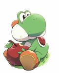  apple bad_id bad_pixiv_id black_eyes chewing crumbs eating food fruit full_body grass holding holding_food holding_fruit lao_wen mario_(series) no_humans nostrils orange_footwear shoes simple_background sitting solo white_background yoshi 