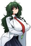  bad_id bad_twitter_id bags_under_eyes blue_skirt breast_pocket breasts closed_mouth commentary_request cowboy_shot fuwa_hyouka gloom_(expression) green_hair hair_between_eyes holding huge_breasts j.k. labcoat leaning_forward long_hair long_sleeves looking_at_viewer necktie pleated_skirt pocket purple_eyes red_neckwear shimoneta_to_iu_gainen_ga_sonzai_shinai_taikutsu_na_sekai simple_background skirt solo standing very_long_hair vial white_background wing_collar 
