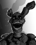  2017 animatronic anthro damaged digital_drawing_(artwork) digital_media_(artwork) five_nights_at_freddy&#039;s five_nights_at_freddy&#039;s_3 front_view fur grin hi_res lagomorph looking_at_viewer machine male mammal monochrome morl3y open_mouth pose rabbit robot shadow smile solo springtrap_(fnaf) standing teeth video_games wire 