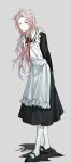  1boy absurdres ahoge alternate_costume apron arms_behind_back black_dress black_footwear chinese_commentary closed_mouth collared_dress commentary_request crossdressing dress enmaided frilled_apron frills full_body grey_background hatsutori_hajime highres kyoko_(akakikyoko) long_hair long_sleeves maid maid_apron male_focus male_maid mary_janes neck_ribbon pantyhose parted_bangs pink_hair red_eyes red_ribbon ribbon saibou_shinkyoku shoes simple_background smile solo white_apron white_pantyhose 