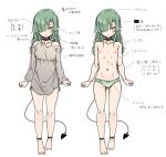  1girl breasts demon_girl demon_tail full_body grey_hair grey_shirt hair_over_one_eye highres long_hair long_sleeves off_shoulder original otokuyou pointy_ears shirt sketch small_breasts tail topless torn_clothes torn_shirt translation_request underwear underwear_only yellow_eyes 
