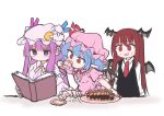  ascot bat_wings biscuit_(bread) blue_hair book crescent crescent_hat_ornament crescent_pin cup demon_wings embodiment_of_scarlet_devil hat hat_ornament hat_ribbon head_wings holding holding_cup koakuma mob_cap multiple_girls necktie patchouli_knowledge pink_headwear purple_eyes purple_hair red_ascot red_eyes red_hair red_necktie remilia_scarlet ribbon shinmon_akika short_sleeves simple_background teacup touhou upper_body white_background wings 