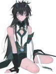  1boy 6_factorial :&lt; absurdres amputee aqua_eyes arm_at_side between_legs black_gloves black_hair black_shorts brooch cleavage_cutout closed_mouth clothing_cutout collared_shirt dan_heng_(honkai:_star_rail) dan_heng_(imbibitor_lunae)_(honkai:_star_rail) detached_sleeves double_amputee earrings fingerless_gloves frown full_body gloves green_horns green_sash hand_between_legs hand_rest highres honkai:_star_rail honkai_(series) horns injury invisible_chair jewelry legless_amputee long_hair long_sleeves looking_at_viewer male_focus messy_hair pointy_ears sash scratches shirt shorts sidelocks simple_background single_detached_sleeve single_sleeve sitting sleeveless sleeveless_shirt solo very_long_hair waist_sash white_background white_shirt 