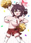  1girl arm_up black_hair blue_archive blush breasts cheering cheerleader fang feet_out_of_frame holding holding_pom_poms huge_breasts kaede_(blue_archive) looking_at_viewer navel one_eye_closed open_mouth oppai_loli pleated_skirt pom_pom_(cheerleading) red_skirt short_hair skin_fang skirt smile solo thighhighs unadare white_thighhighs yellow_eyes 