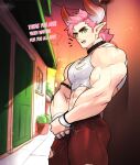 absurd_res biped clothed clothing demon demon_humanoid english_text eyebrows fingers hair hi_res horn horned_humanoid humanoid humanoid_pointy_ears kingdomvelvet male muscular muscular_humanoid muscular_male not_furry pink_hair solo text