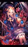  abigail_williams_(fate/grand_order) blonde_hair blue_eyes blurry bow bug butterfly depth_of_field dress fate/grand_order fate_(series) flower hair_bow hat insect long_hair long_sleeves looking_at_viewer orange_bow puffy_sleeves sitting solo stuffed_animal stuffed_toy teddy_bear very_long_hair yunohito 