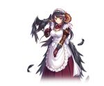  1girl amon_(kamihime_project) apron artist_request bird black_feathers black_hair black_wings bow bow_apron breasts brown_eyes brown_sleeves crow demon_horns dress falling_feathers feathered_wings feathers frilled_apron frills gloves gold_trim hand_up horns juliet_sleeves kamihime_project landing large_breasts long_hair long_sleeves looking_at_viewer maid maid_apron maid_headdress neck_ribbon official_art puffy_sleeves red_dress red_gloves red_ribbon ribbon sidelocks simple_background sleeve_cuffs solo standing transparent_background white_apron white_background white_bow wings 