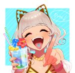  1girl :d ^_^ animal_ears animal_print bikini blue_background blue_tongue bracelet brown_hairband cat_ears closed_eyes colored_tongue commentary_request cup curly_hair drinking_straw facing_viewer flower food grey_hair hairband hands_up hibiscus holding holding_cup index_finger_raised jewelry necklace open_mouth oshiri_(o4ritarou) pretty_series pripara red_flower shaved_ice short_hair smile solo speech_bubble swimsuit taiyo_pepper tan tiger_print tongue tongue_out upper_body yellow_bikini 