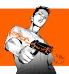  1boy character_request commentary_request dated dragon_head earrings from_below greyscale_with_colored_background gun holding holding_gun holding_weapon jewelry kotteri looking_at_viewer male_focus orange_hair shirt short_hair simple_background upper_body weapon 