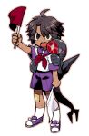  1boy aged_down ahoge brown_hair dark-skinned_male dark_skin flag headless_ichthys heathcliff_(project_moon) highres holding holding_flag limbus_company male_focus open_mouth project_moon purple_footwear purple_shorts shirt shoes shorts simple_background socks solo touma_rui white_background white_shirt white_socks 