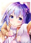  :o bangs blue_eyes blush breasts chestnut_mouth collarbone commentary flat_chest from_above gochuumon_wa_usagi_desu_ka? hair_ornament hairclip hand_on_own_chest highres hood hooded_jacket hoto_cocoa jacket kafuu_chino light_blue_hair locked_arms long_hair looking_at_viewer medium_breasts multiple_girls open_mouth orange_hair petals pom_pom_(clothes) rouka_(akatyann) shirt sidelocks solo_focus white_shirt x_hair_ornament yellow_jacket yuri 