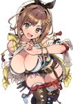  1girl atelier_(series) atelier_ryza black_bow bow breasts brown_eyes brown_hair cleavage commentary_request hat hat_bow highres large_breasts looking_at_viewer ootomo_takuji open_mouth parted_bangs reisalin_stout short_hair smile solo white_headwear 