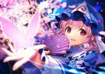  1girl black_ribbon blue_bow blue_headwear blue_kimono blue_sky blurry blurry_background blush bow branch bug butterfly butterfly_wings cherry_blossoms fingernails frills hair_between_eyes hand_fan hands_up hat holding holding_fan insect_wings japanese_clothes juliet_sleeves kapuchii kimono long_fingernails long_sleeves looking_at_viewer mob_cap neck_ribbon night night_sky open_mouth outdoors petals pink_butterfly pink_hair puffy_sleeves red_eyes ribbon saigyouji_yuyuko short_hair sky smile solo touhou tree triangular_headpiece upper_body veil wide_sleeves wing_collar wings 