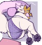 2023 4_toes ambiguous_gender anthro big_butt biped bottomwear butt clothing digital_media_(artwork) domestic_cat feet felid feline felis huge_butt mammal pawpads paws rear_view simple_background sleeping smile solo thick_thighs toes topwear underwear uromatsu wide_hips