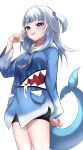  1girl absurdres animal_costume black_shorts blue_eyes blue_hair blue_hoodie blush breasts fins fish_tail gawr_gura gawr_gura_(1st_costume) grey_hair hair_ornament highres hololive hololive_english hood hoodie looking_at_viewer medium_hair multicolored_hair shark_costume shark_girl shark_hair_ornament shark_tail shorts small_breasts smile solo sora-wo-tomo streaked_hair tail tongue tongue_out two_side_up virtual_youtuber white_background 