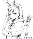  1girl animal_ears azur_lane bow_hairband capelet closed_mouth commentary fur-trimmed_capelet fur_trim greyscale hairband holding_ticket looking_at_viewer monochrome rabbit_ears rabbit_girl shimakaze_(azur_lane) solo umyonge_(lkakeu) 