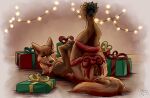 anatomically_correct anatomically_correct_genitalia anatomically_correct_pussy animal_genitalia animal_pussy anus bdsm bondage bound bow_ribbon brown_body brown_fur canid canine canine_genitalia canine_pussy canis christmas christmas_lights female feral fur genitals gift hi_res holidays legs_tied lights looking_at_viewer lying mammal muskydusky on_back pawpads paws pinup pose pussy ribbon_bondage ribbons solo string_lights tongue tongue_out wolf