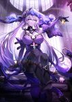  1girl absurdres bare_shoulders black_gloves black_swan_(honkai:_star_rail) breasts cleavage commentary_request elbow_gloves gloves highres holding honkai:_star_rail honkai_(series) indoors large_breasts long_hair no_shoes purple_eyes purple_hair sitting smile solo thighs tongyu veil very_long_hair 