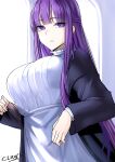  1girl black_coat blunt_bangs blush breasts bright_pupils cliov coat dress fern_(sousou_no_frieren) highres large_breasts long_hair long_sleeves looking_at_viewer open_clothes open_coat purple_eyes purple_hair sidelocks solo sousou_no_frieren white_dress white_pupils 